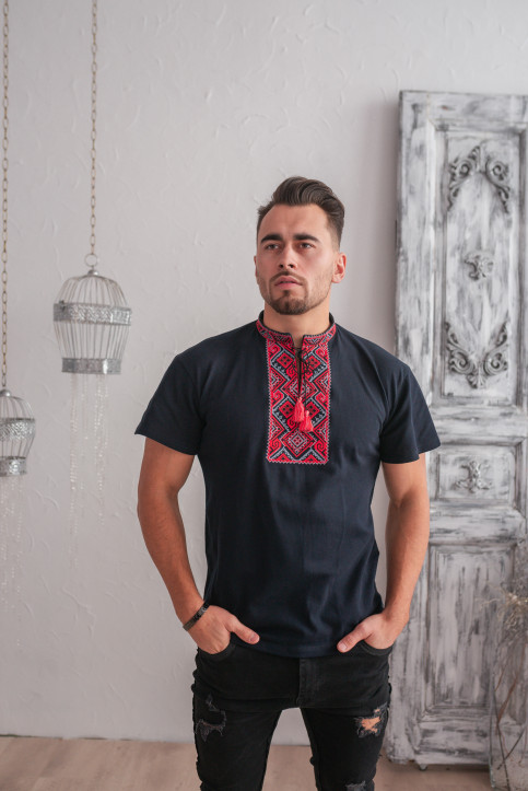Купити чоловічу футболку вишиванку Витязь (синя з червоно-сірим) в Україні від Галичанка фото 1